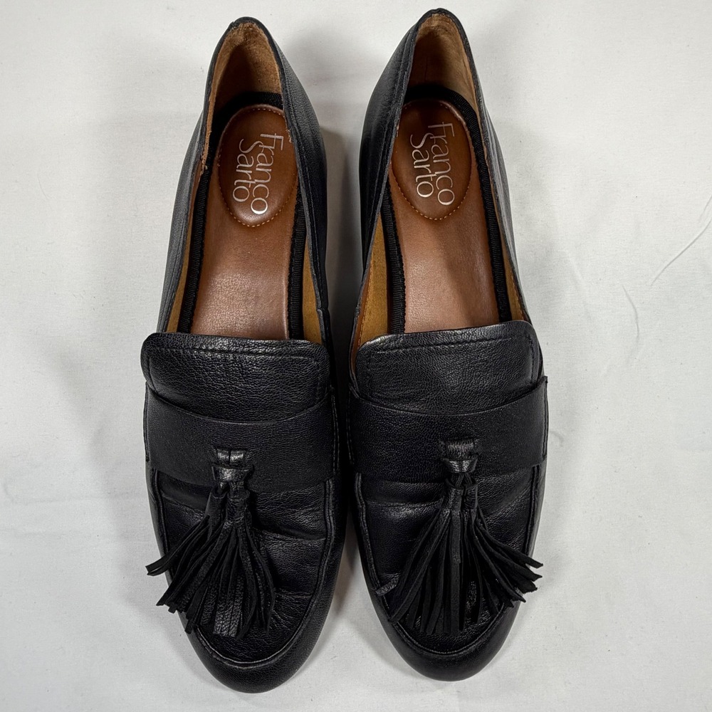 Franco Sarto Womens Black Leather Tassel Loafers Almond Toe Flats Size 9M